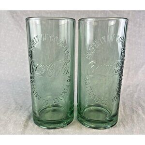 Pair “Property Of Coca Cola Bottling Atlanta Ga” 16oz Heavy Green Glass Tumbler